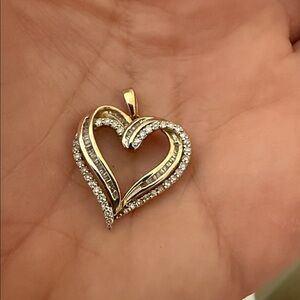 Yellow Gold Diamond Heart Pendant - 10k Baguette Love Ribbon
